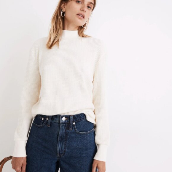 Madewell Sweater Womens XS Antique Ivory Mockneck Waffle Sweatshirt Tee Minimal - Picture 1 of 16